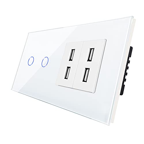 CNBINGO Touch Lichtschalter mit 4 USB -Anschlüsse 2.4 Amp - Berührungsschalter zweifach mit Glasrahmen und Status-LED - Wandschalter unterputz in Weiß - 500 W/Fach von CNBINGO