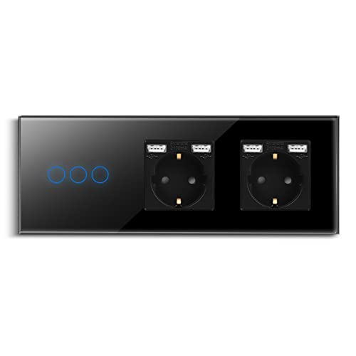 CNBINGO Touch Lichtschalter mit Doppelsteckdose mit Dual USB-A Ports 2,1 Amp - USB Schuko Steckdose unterputz - Glas Wandschalter dreifach in Schwarz - Berührungsschalter mit Status-LED - 500W/Fach von CNBINGO
