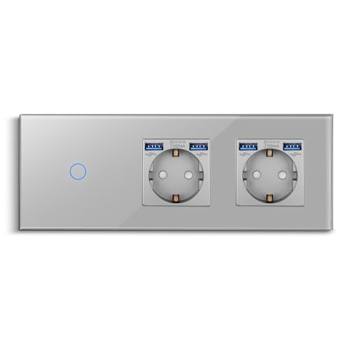 CNBINGO Touch Lichtschalter mit Doppelsteckdose mit Dual USB-A Ports 2,1 Amp - USB Schuko Steckdose unterputz - Glas Wandschalter einfach in Grau - Berührungsschalter mit Status-LED - 500W/Fach von CNBINGO