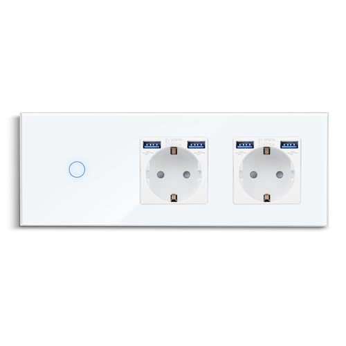 CNBINGO Touch Lichtschalter mit Doppelsteckdose mit Dual USB-A Ports 2,1 Amp - USB Schuko Steckdose unterputz - Glas Wandschalter einfach in Weiß - Berührungsschalter mit Status-LED - 500W/Fach CNBINGO Touch Lichtschalter mit Doppelsteckdose mit Dual USB-A Ports 2,1 Amp - USB Schuko Steckdose unterputz - Glas Wandschalter einfach in Weiß - Berührungsschalter mit Status-LED - 500W/Fach von CNBINGO