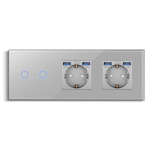 CNBINGO Touch Lichtschalter mit Doppelsteckdose mit Dual USB-A Ports 2,1 Amp - USB Schuko Steckdose unterputz - Glas Wandschalter zweifach in Grau - Berührungsschalter mit Status-LED - 500W/Fach von CNBINGO