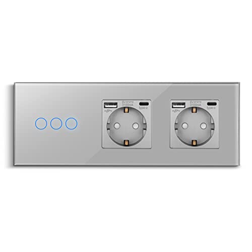 CNBINGO Touch Lichtschalter mit Doppelsteckdose mit USB Ports (Typ-C und Typ-A 3,1 Amp total) - USB Schuko Steckdose unterputz - Glas Wandschalter dreifach in Grau - mit Status-LED - 500W/Fach von CNBINGO