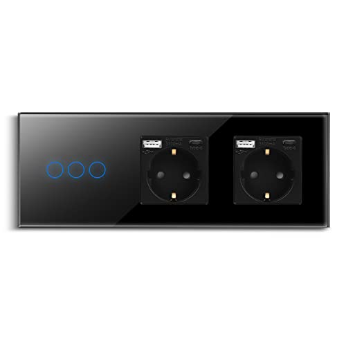 CNBINGO Touch Lichtschalter mit Doppelsteckdose mit USB Ports (Typ-C und Typ-A 3,1 Amp total) - USB Schuko Steckdose unterputz - Glas Wandschalter dreifach in Schwarz - mit Status-LED - 500W/Fach von CNBINGO