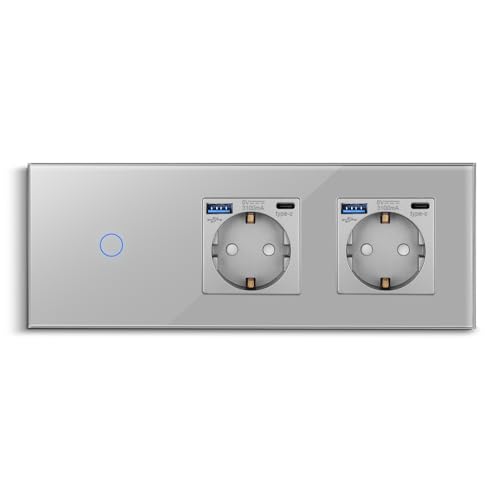 CNBINGO Touch Lichtschalter mit Doppelsteckdose mit USB Ports (Typ-C und Typ-A 3,1 Amp total) - USB Schuko Steckdose unterputz - Glas Wandschalter einfach in Grau - mit Status-LED - 500W/Fach von CNBINGO