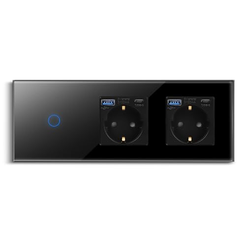 CNBINGO Touch Lichtschalter und Doppelsteckdose mit USB Schnellladen (Typ C+A unterstützung 20W Schnellladen) - USB Schuko Steckdose unterputz - Glas Wandschalter einfach mit Status-LED - Schwarz von CNBINGO