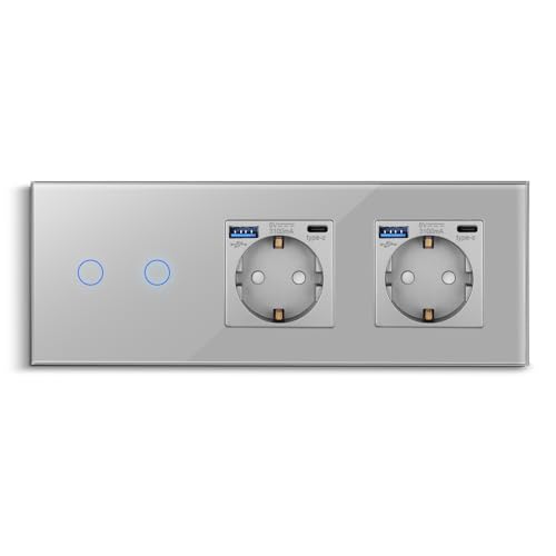 CNBINGO Touch Lichtschalter mit Doppelsteckdose mit USB Ports (Typ-C und Typ-A 3,1 Amp total) - USB Schuko Steckdose unterputz - Glas Wandschalter zweifach in Grau - mit Status-LED - 500W/Fach von CNBINGO