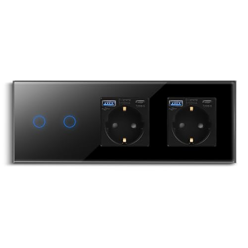 CNBINGO Touch Lichtschalter und Doppelsteckdose mit USB Schnellladen (Typ C+A unterstützung 20W Schnellladen) - USB Schuko Steckdose unterputz - Glas Wandschalter zweifach mit Status-LED - Schwarz von CNBINGO