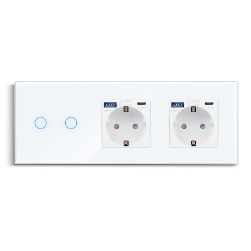 CNBINGO Touch Lichtschalter und Doppelsteckdose mit USB Schnellladen (Typ C+A unterstützung 20W Schnellladen) - USB Schuko Steckdose unterputz - Glas Wandschalter zweifach mit Status-LED - Weiß von CNBINGO
