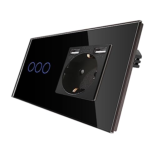 CNBINGO Touch Lichtschalter mit Schuko Steckdose mit Dual USB-A Ports 2,1 Amp - USB Steckdose unterputz - Glas Wandschalter dreifach in Schwarz - Berührungsschalter mit Status-LED - 500W/Fach von CNBINGO