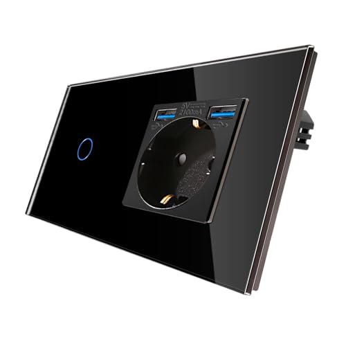 CNBINGO Touch Lichtschalter mit Schuko Steckdose mit Dual USB-A Ports 2,1 Amp - USB Steckdose unterputz - Glas Wandschalter einfach in Schwarz - Berührungsschalter mit Status-LED - 500W/Fach CNBINGO Touch Lichtschalter mit Schuko Steckdose mit Dual USB-A Ports 2,1 Amp - USB Steckdose unterputz - Glas Wandschalter einfach in Schwarz - Berührungsschalter mit Status-LED - 500W/Fach von CNBINGO