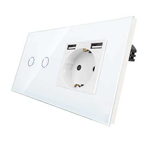 CNBINGO Touch Lichtschalter mit Schuko Steckdose mit Dual USB-A Ports 2,1 Amp - USB Steckdose unterputz - Glas Wandschalter zweifach in Weiß - Berührungsschalter mit Status-LED - 500W/Fach von CNBINGO