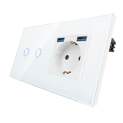 CNBINGO Touch Lichtschalter mit Schuko Steckdose mit Dual USB-A Ports 2,1 Amp - USB Steckdose unterputz - Glas Wandschalter zweifach in Weiß - Berührungsschalter mit Status-LED - 500W/Fach von CNBINGO