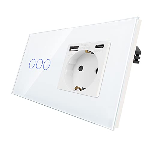 CNBINGO Touch Lichtschalter mit Schuko Steckdose mit USB Ports (Typ-C und Typ-A 3,1 Amp total) - USB Steckdose unterputz - Glas Wandschalter dreifach in Weiß - mit Status-LED - 500W/Fach von CNBINGO