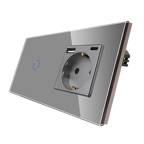 CNBINGO Touch Lichtschalter mit Schuko Steckdose mit USB Ports (Typ-C und Typ-A 3,1 Amp total) - USB Steckdose unterputz - Glas Wandschalter einfach in Grau - mit Status-LED - 500W/Fach von CNBINGO