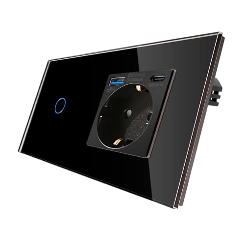CNBINGO Touch Lichtschalter und Schuko Steckdose mit USB Schnellladen (Typ C+A unterstützung 20W Schnellladen) - USB Steckdose unterputz - Glas Wandschalter einfach mit Status-LED - Schwarz von CNBINGO
