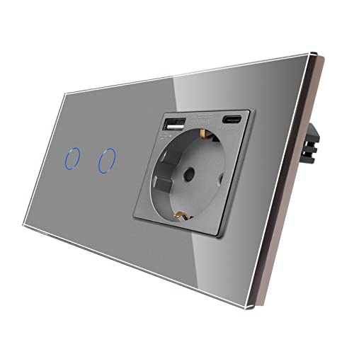 CNBINGO Touch Lichtschalter mit Schuko Steckdose mit USB Ports (Typ-C und Typ-A 3,1 Amp total) - USB Steckdose unterputz - Glas Wandschalter zweifach in Grau - mit Status-LED - 500W/Fach von CNBINGO