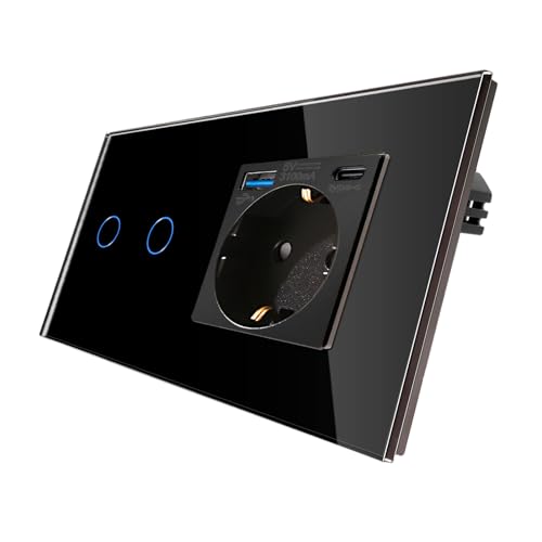 CNBINGO Touch Lichtschalter und Schuko Steckdose mit USB Schnellladen (Typ C+A unterstützung 20W Schnellladen) - USB Steckdose unterputz - Glas Wandschalter zweifach mit Status-LED - Schwarz von CNBINGO
