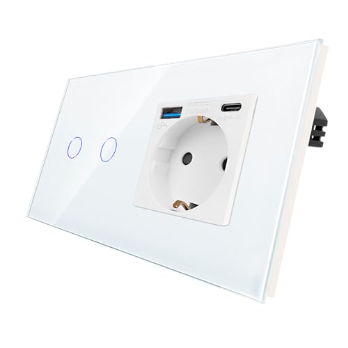 CNBINGO Touch Lichtschalter und Schuko Steckdose mit USB Schnellladen (Typ C+A unterstützung 20W Schnellladen) - USB Steckdose unterputz - Glas Wandschalter zweifach mit Status-LED - Weiß von CNBINGO