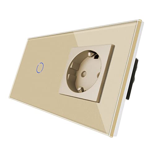 CNBINGO Touch Lichtschalter mit Schuko Steckdose unterputz - Wandschalter einfach in Gold - Berührungsschalter mit Glasrahmen und Status-LED - 500W/Fach CNBINGO Touch Lichtschalter mit Schuko Steckdose unterputz - Wandschalter einfach in Gold - Berührungsschalter mit Glasrahmen und Status-LED - 500W/Fach von CNBINGO