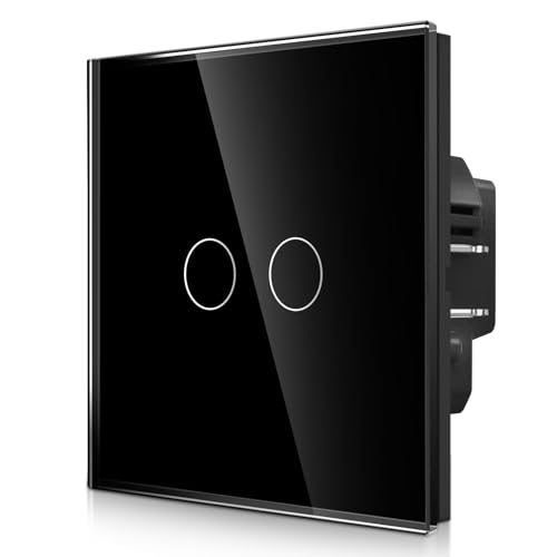CNBINGO Touch Lichtschalter mit Steckklemme - zweifach Wandschalter unterputz - 2 Fach Berührungsschalter mit Status-LED und Glas Panel - 300 W/Fach - Schwarz von CNBINGO