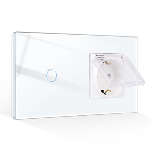 CNBINGO Touch Lichtschalter mit Wasserdicht Steckdose - Wandsteckdose Unterputz mit Klappdeckel - Glas Wandschalter einfach in Weiß - mit Status-LED - 500W/Fach, 1- Fach von CNBINGO