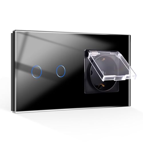 CNBINGO Touch Lichtschalter mit Wasserdicht Steckdose - Wandsteckdose Unterputz mit Klappdeckel - Glas Wandschalter zweifach in Schwarz - mit Status-LED - 500W/Fach, 2- Fach von CNBINGO