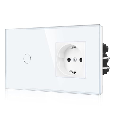 CNBINGO Touch Lichtschalter und Steckdose mit Krallen – Schuko Steckdose unterputz - einfach Wandschalter mit LED Status und Glas Panel – 1 Fach - Weiß von CNBINGO