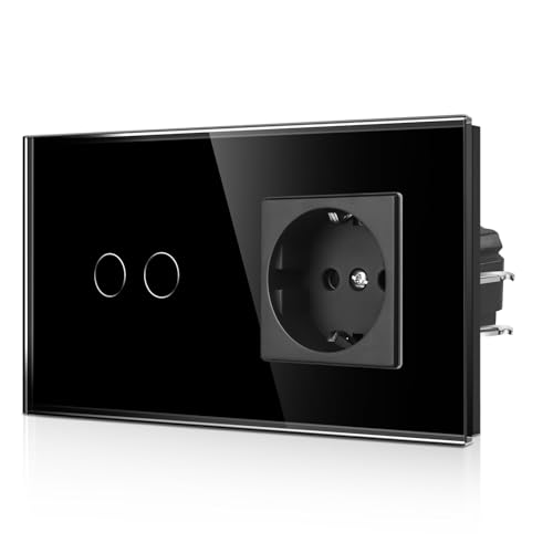 CNBINGO Touch Lichtschalter und Steckdose mit Krallen – Schuko Steckdose unterputz - zweifach Wandschalter mit LED Status und Glas Panel – 2 Fach - Schwarz von CNBINGO