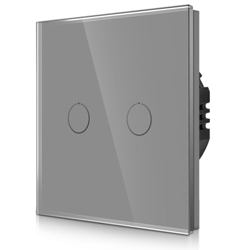 CNBINGO Touch Lichtschalter unterputz in Grau - zweifach Wandschalter mit Status-LED und Glas Panel - Kein Neutralleiter Erforderlich - 2 Fach Berührungsschalter - 500 W/Fach von CNBINGO
