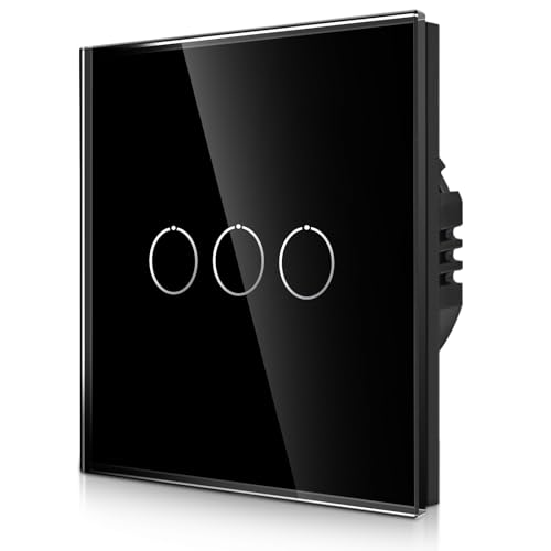 CNBINGO Touch Lichtschalter unterputz in Schwarz - dreifach Wandschalter mit Status-LED und Glas Panel - Kein Neutralleiter Erforderlich - 3 Fach Berührungsschalter - 500 W/Fach von CNBINGO