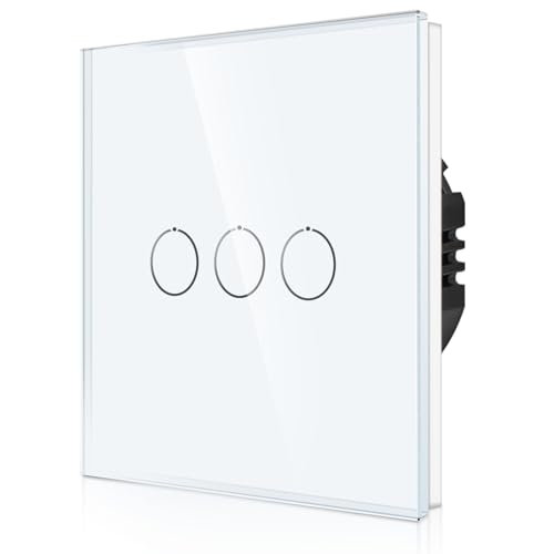 CNBINGO Touch Lichtschalter unterputz in Weiß - dreifach Wandschalter mit Status-LED und Glas Panel - Kein Neutralleiter Erforderlich - 3 Fach Berührungsschalter - 500 W/Fach von CNBINGO
