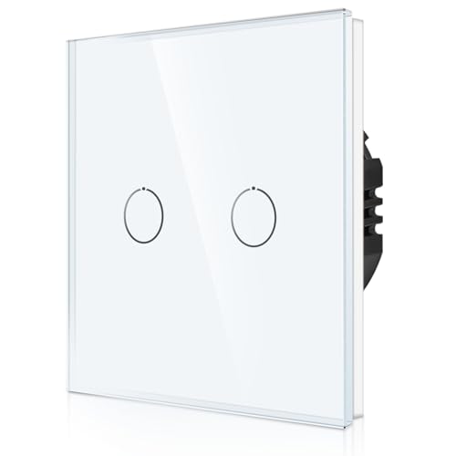 CNBINGO Touch Lichtschalter unterputz in Weiß - zweifach Wandschalter mit Status-LED und Glas Panel - Kein Neutralleiter Erforderlich - 2 Fach Berührungsschalter - 500 W/Fach von CNBINGO