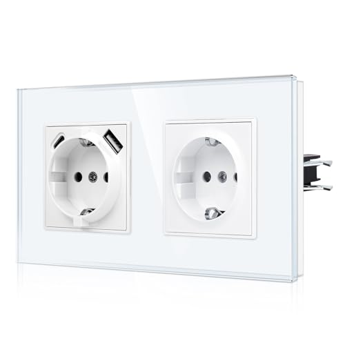 CNBINGO USB Doppelsteckdose mit Krallen - Glas Schuko Steckdose Unterputz mit USB Anschluss - 1× (Typ-C und USB-A Max.2,1 Amp) - Zweifach Weiß Wandsteckdose mit Kindersicherung - JFGM1 von CNBINGO