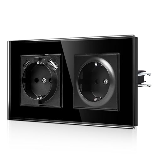 CNBINGO USB Doppelsteckdose mit Krallen - Glas Schuko Steckdose Unterputz mit USB Anschluss - 1× (Typ-C und USB-A Max.2,1 Amp) - Zweifach Schwarz Wandsteckdose mit Kindersicherung - JFGM1 von CNBINGO