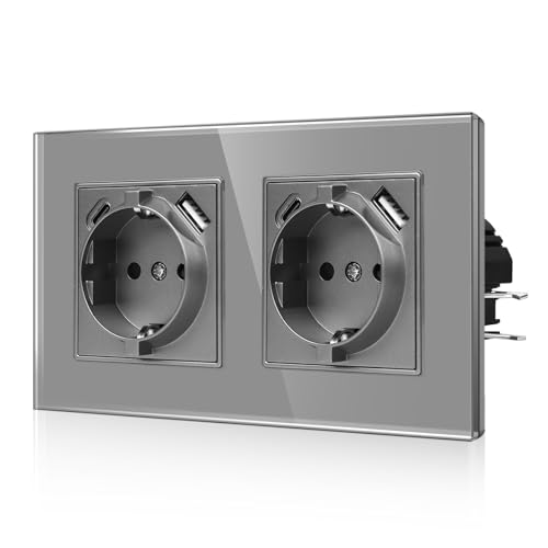 CNBINGO USB Doppelsteckdose mit Krallen - Glas Schuko Steckdose Unterputz mit USB Anschluss - 2× (Typ-C und USB-A Max.2,1 Amp) - Zweifach Grau Wandsteckdose mit Kindersicherung - JFGM2 von CNBINGO
