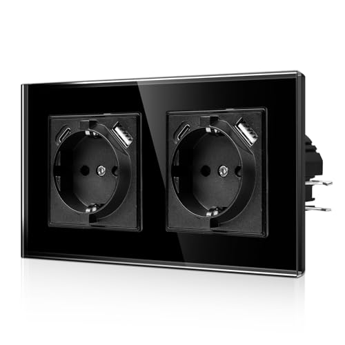 CNBINGO USB Doppelsteckdose mit Krallen - Glas Schuko Steckdose Unterputz mit USB Anschluss - 2× (Typ-C und USB-A Max.2,1 Amp) - Zweifach Schwarz Wandsteckdose mit Kindersicherung - JFGM2 von CNBINGO