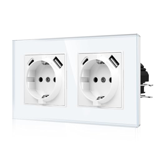 CNBINGO USB Doppelsteckdose mit Krallen - Glas Schuko Steckdose Unterputz mit USB Anschluss - 2× (Typ-C und USB-A Max.2,1 Amp) - Zweifach Weiß Wandsteckdose mit Kindersicherung - JFGM2 von CNBINGO