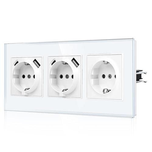 CNBINGO USB Dreifachsteckdose mit Krallen - Glas Schuko Steckdose Unterputz mit USB Anschluss - 2× (Typ-C und USB-A Max.2,1 Amp) - Dreifach Weiß Wandsteckdose mit Kindersicherung - JFGM2 von CNBINGO