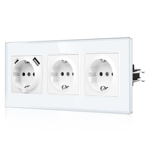 CNBINGO USB Dreifachsteckdose mit Krallen - Glas Schuko Steckdose Unterputz mit USB Anschluss - 1× (Typ-C und USB-A Max.2,1 Amp) - Dreifach Weiß Wandsteckdose mit Kindersicherung - JFGM1 von CNBINGO