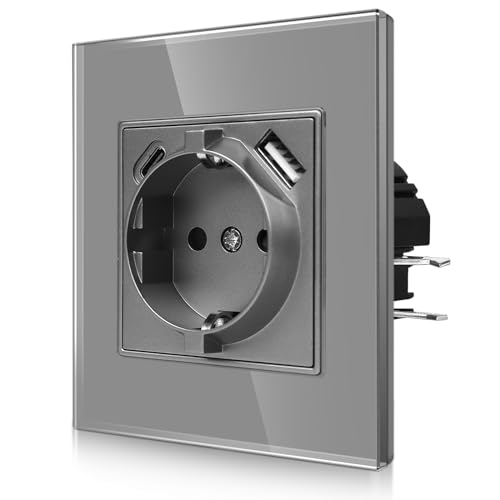 CNBINGO USB Einzelsteckdose mit Krallen - Glas Schuko Steckdose Unterputz mit USB Anschluss - 1× (Typ-C und USB-A Max.2,1 Amp) - Einfach Grau Wandsteckdose mit Kindersicherung von CNBINGO