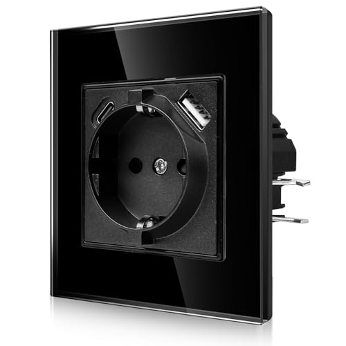 CNBINGO USB Einzelsteckdose mit Krallen - Glas Schuko Steckdose Unterputz mit USB Anschluss - 1× (Typ-C und USB-A Max.2,1 Amp) - Einfach Schwarz Wandsteckdose mit Kindersicherung von CNBINGO