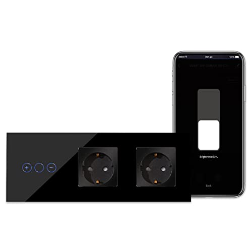 CNBINGO WLAN Dimmschalter mit Schuko Doppelsteckdose Unterputz - Smart Touch Lichtschalter Arbeit mit Alexa, Google Assistant - Glas Wandschalter Schwarz - Neutralleiter Wird Benötigt von CNBINGO