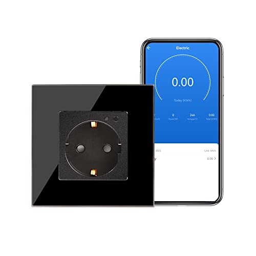 CNBINGO WLAN Schuko Steckdose unterputz mit Strommessung, 16 Amp Glas Smart Steckdose Arbeit mit Alexa(Echo, Echo Dot), Google Assistant, Nur 2.4 GHz WiFi, 1 Fach, Schwarz, 1er Pack von CNBINGO