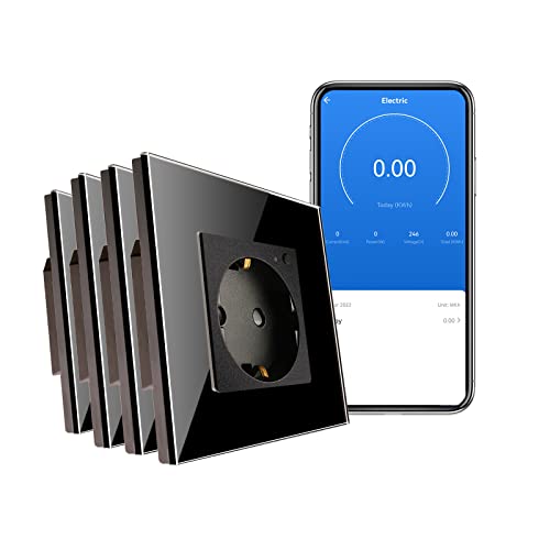 CNBINGO WLAN Schuko Steckdose unterputz mit Strommessung, 16 Amp Glas Smart Steckdose Arbeit mit Alexa(Echo, Echo Dot), Google Assistant, Nur 2.4 GHz WiFi, 1 Fach, Schwarz, 4er Pack von CNBINGO