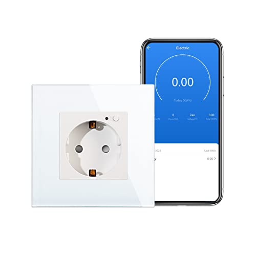 CNBINGO WLAN Schuko Steckdose unterputz mit Strommessung, 16 Amp Glas Smart Steckdose Arbeit mit Alexa(Echo, Echo Dot), Google Assistant, Nur 2.4 GHz WiFi, 1 Fach, Weiß, 1er Pack von CNBINGO