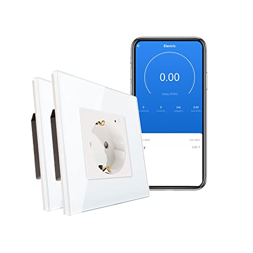 CNBINGO WLAN Schuko Steckdose unterputz mit Strommessung, 16 Amp Glas Smart Steckdose Arbeit mit Alexa(Echo, Echo Dot), Google Assistant, Nur 2.4 GHz WiFi, 1 Fach, Weiß, 2er Pack von CNBINGO