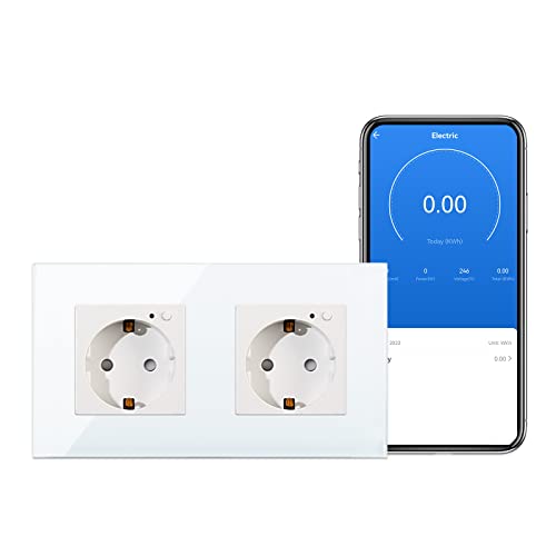 CNBINGO WLAN Schuko Steckdose unterputz mit Strommessung, 16 Amp Glas Smart Steckdose Arbeit mit Alexa(Echo, Echo Dot), Google Assistant, Nur 2.4 GHz WiFi, 2 Fach, Weiß, 1er Pack von CNBINGO
