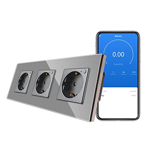 CNBINGO WLAN Schuko Steckdose unterputz mit Strommessung, 16 Amp Glas Smart Steckdose Arbeit mit Alexa(Echo, Echo Dot), Google Assistant, Nur 2.4 GHz WiFi, 3 Fach, Grau, 1er Pack von CNBINGO