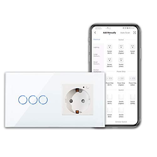 CNBINGO WLAN Steckdose und Smart Lichtschalter - Touchschalter dreifach und Schuko Steckdose Unterputz Arbeit mit Alexa, Google Assistant - Glasrahmen und Status-LED - Neutralleiter Wird Benötigt von CNBINGO