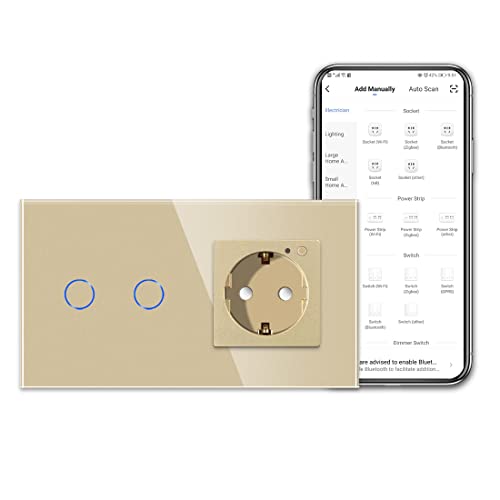 CNBINGO WLAN Steckdose und Smart Lichtschalter - Touchschalter zweifach und Schuko Steckdose unterputz Arbeit mit Alexa, Google Assistant - Glasrahmen und Status-LED - Neutralleiter Wird Benötigt von CNBINGO